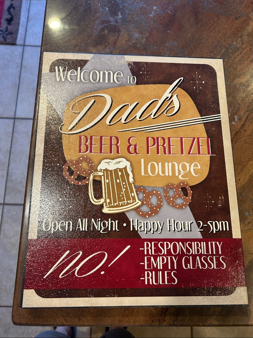 Dad's Beer & Pretzel Lounge Decorative Sign - Brown, Gold, Red 14 x11 inches